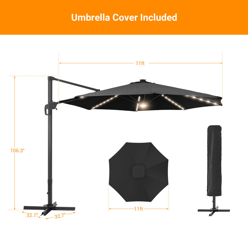 Parasol en porte-à-faux éclairé de 132 po Olufisayo, Noir