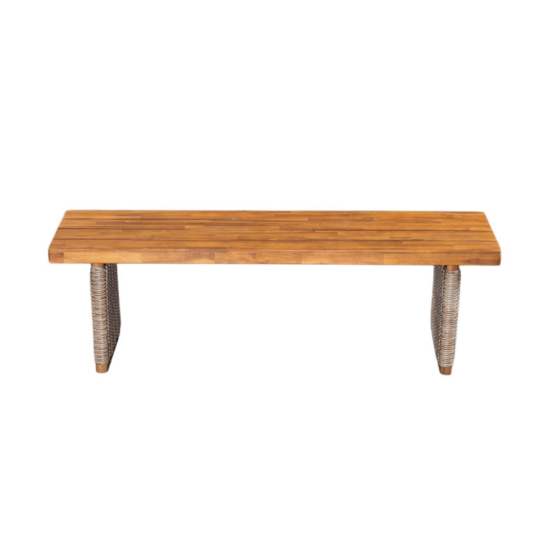 Outdoor 1Pcs Acacia Wood Bench,Teak Finish+ Brown Wicker, Brown/Teak