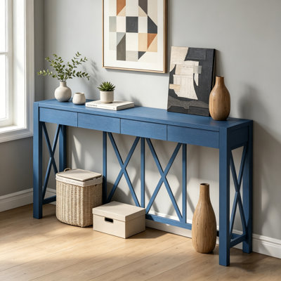 Console en placage d'acacia de 60 pouces avec 4 tiroirs et rangement ouvert