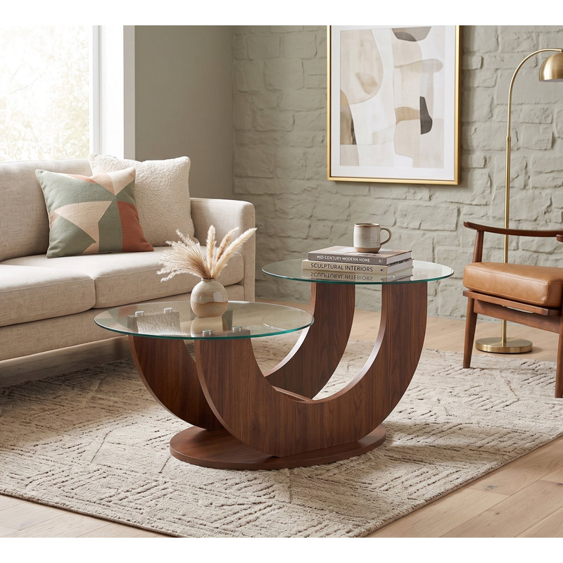 Table basse simple avec plateau en verre, Transparent / noyer