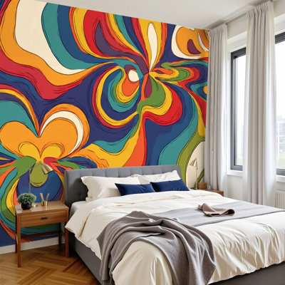 Peel and Stick Wallpaper 96" W x 69" H Modern Self Adhesive Wall Mural for Bedroom Hippie psychedelic seamless nostalgic retro 60s groovy print Vintage