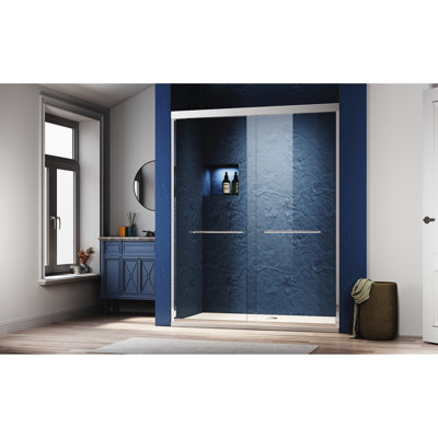 56 - 60 In. W X 72 H Sliding Shower Glass Door Adjustable Semi Thick Clear Tempered 304 Stainless Steel Finished Handles Chamfer Edged To Hand Scuffs Humanized Towel Hanging Design Upgrade Aluminum