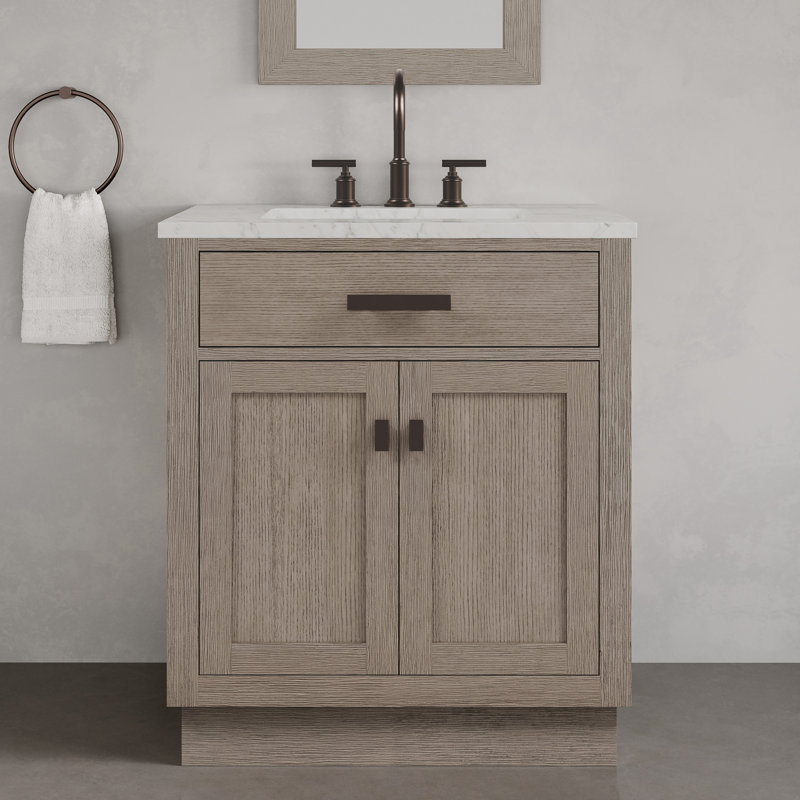 Chestnut 30" Carrara White Marble Countertop Bath Vanity with Faucet, Gray Oak, Faucet Included