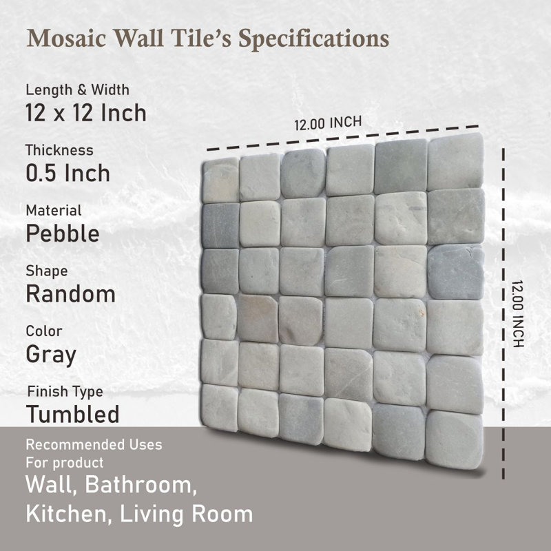 Florida 12" x 12" Natural Stone Grid Pebble Mosaic Wall Tile, Gray