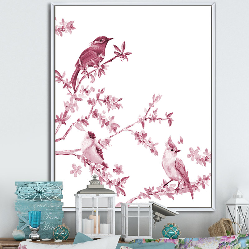 Beaux oiseaux roses - peinture sur toile, Cadre blanc, H 40 po x l 30 po x 1,5 po