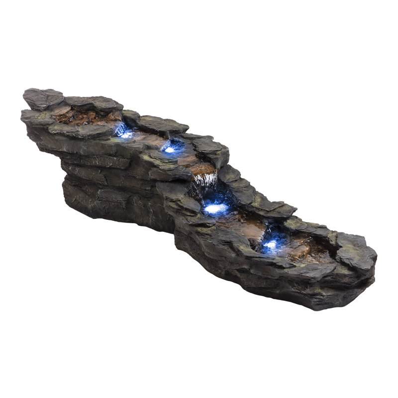 Hamby Resin Tiered Rocky River Stream Fountain with Color Changing LED Light, 19" H x 76" W x 22" D