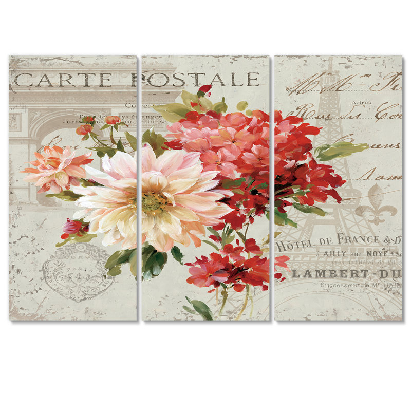 Fleurs rouges peintes sur une carte postale rétro III, impression sur toile tendue 3 pièces, H 40 po x l 60 po x P 1 po