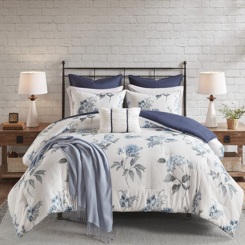 Zennia 7 Piece Seersucker Floral Comforter Set with Throw Blanket, Blue/White, Full / Queen Comforter + 6 Additional Pieces