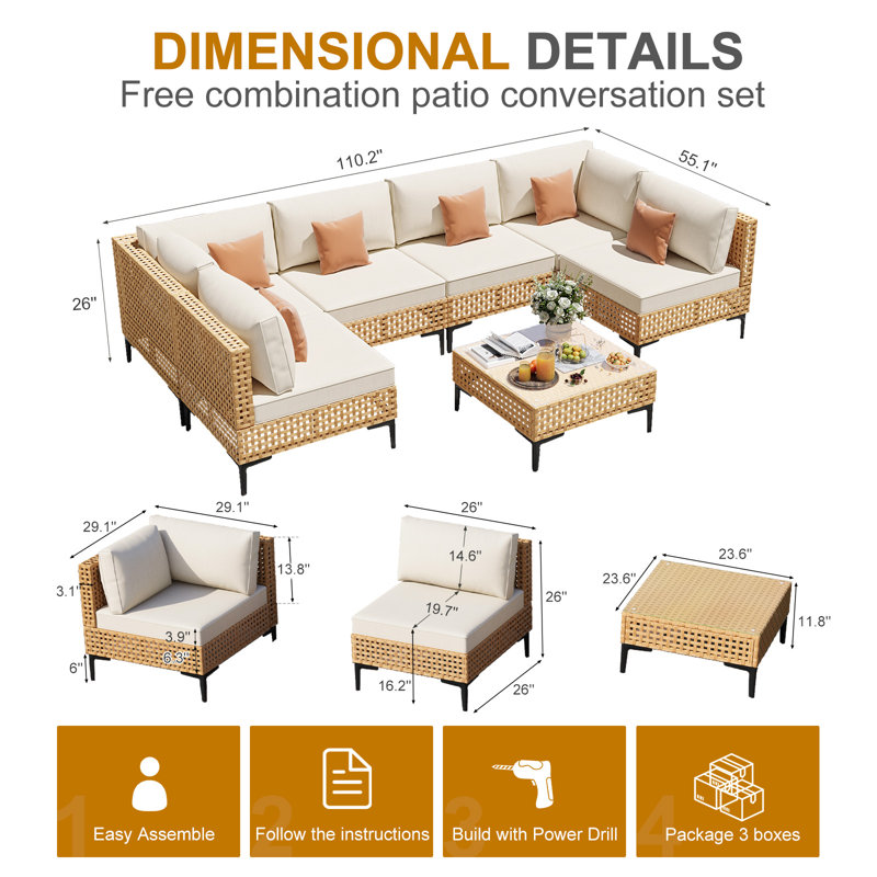 Outdoor Patio Sectional Set With Cushions And Coffee Table – All-Weather PE Wicker, Modular Design, Boho Style