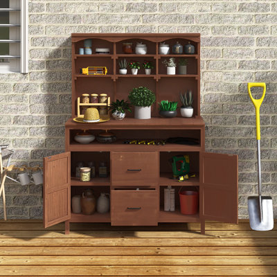 Grand banc de rempotage en bois de sapin brun (45,3 x 20,5 x 65 po), conception à double fonction, îlot de cuisine de patio extérieur avec huche, armoires, tiroirs et crochets, grand comptoir pour le jardinage, barbecue
