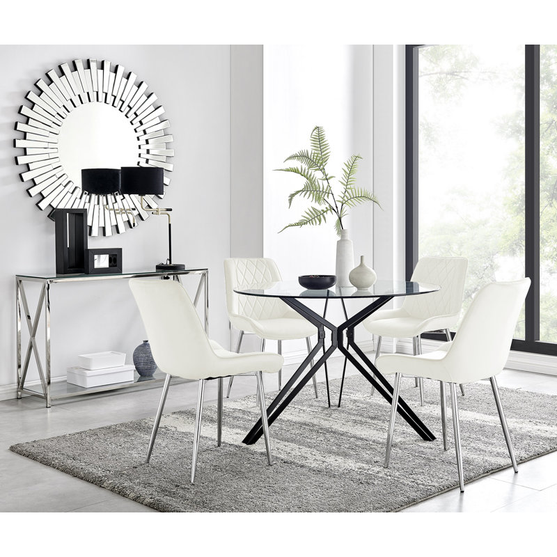 Modern Casino Glass and Metal Hairpin Leg Dining Table Set With 4 Luxury Velvet Dining Chairs, Cream/Silver