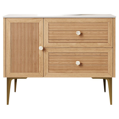 Oak 36" Freestanding Bathroom Cabinet, White Sintered Stone Top, Two Drawers And One Door, No Basin, 0.7'' Thick Plywood For Grace Functionality