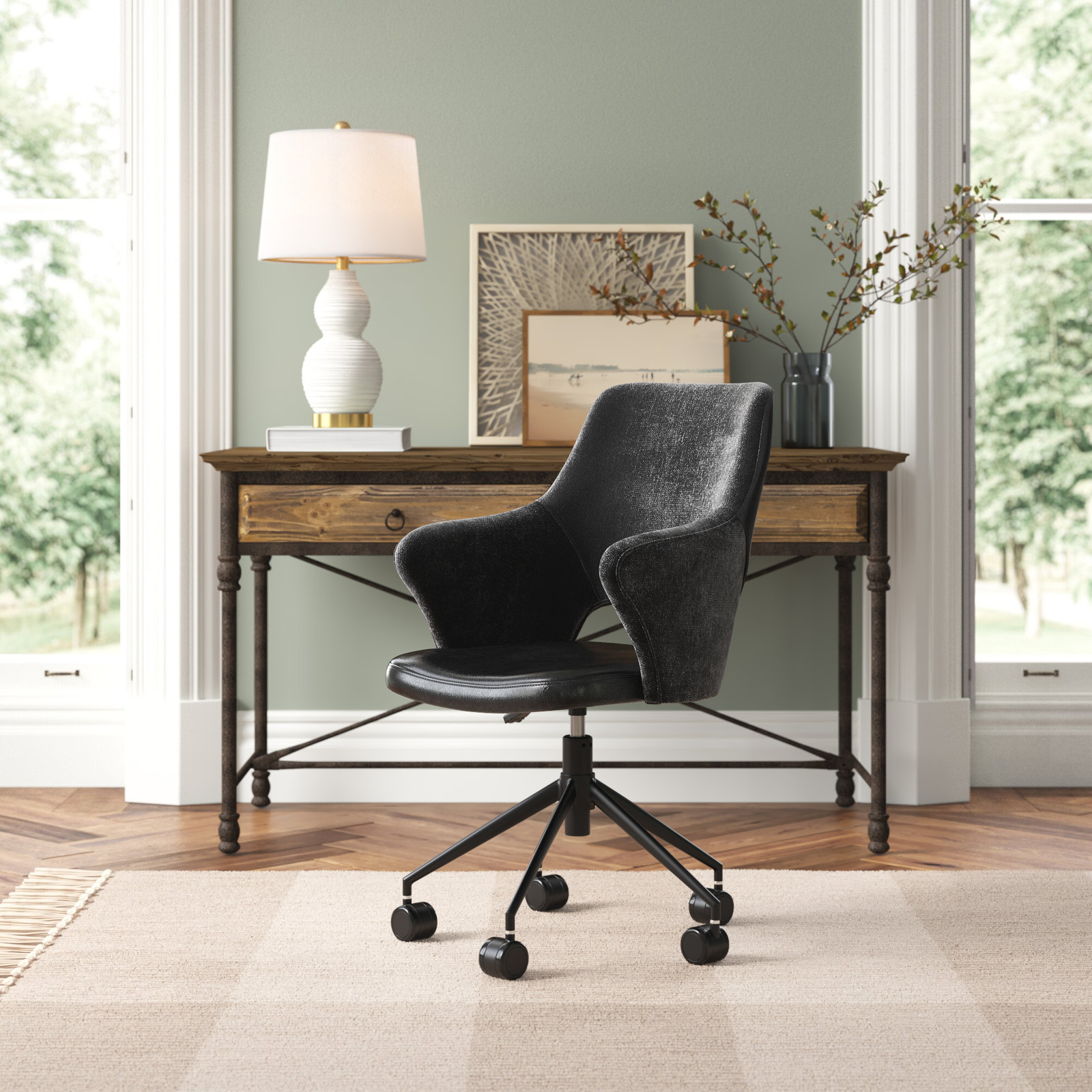 Celena Swivel Office Chair, Black Faux Leather