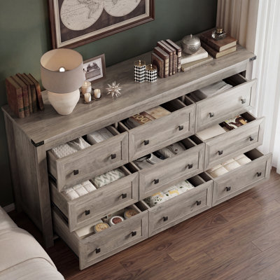 Commode 9 tiroirs pour chambre à coucher, commode large moderne, rangement en bois