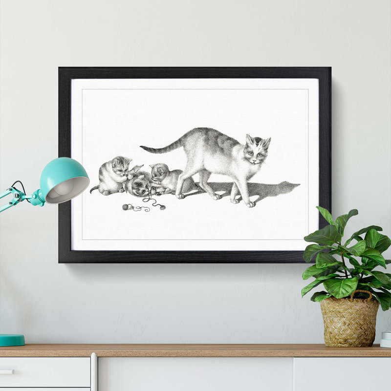 Cat with Playful Kittens by Gottfried Mind - Framed Print, 36cm H x 48cm W x 2cm D, Black Framed
