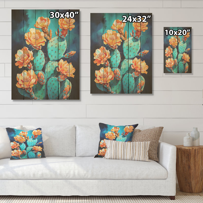 Cactus bleu et bronze brossé - Art mural en bois de cactus sur bois de pin naturel, H 32 po x l 24 po