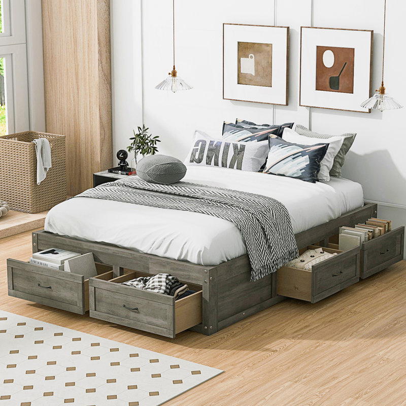 Full Size Platform Bed With 6 Storage Drawers, Antique Grey