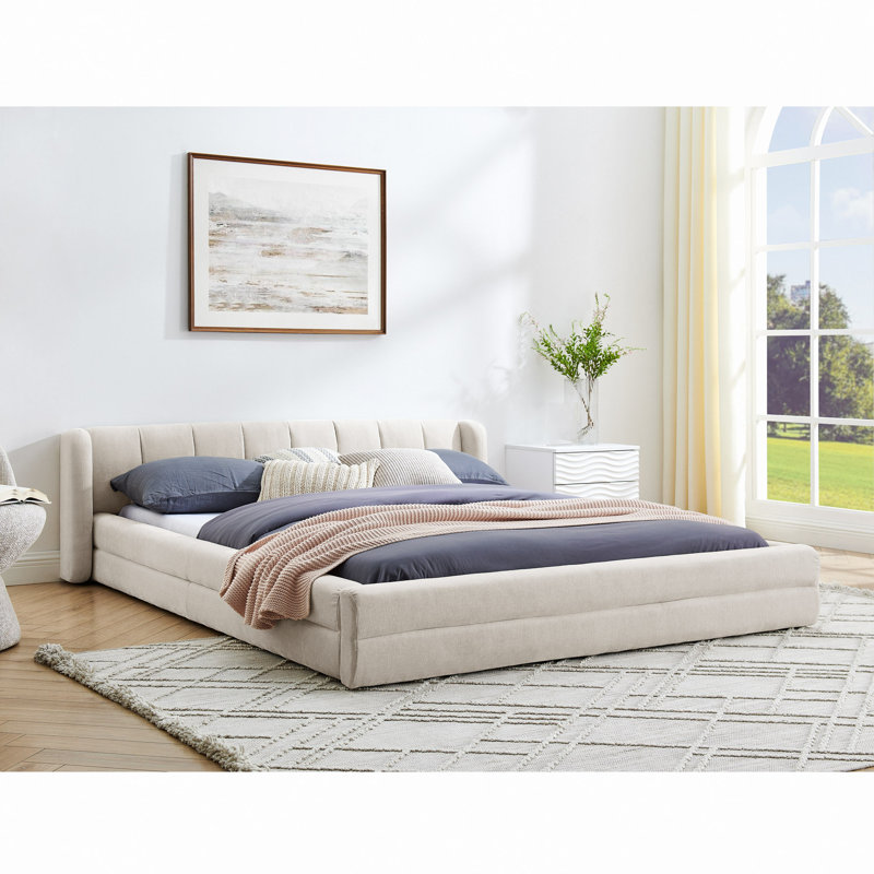 Structure de lit tapissier avec tissu épais, lit plateforme en chenille avec tête de lit et structure solide (87 po x 67 po x 23,5 po)
