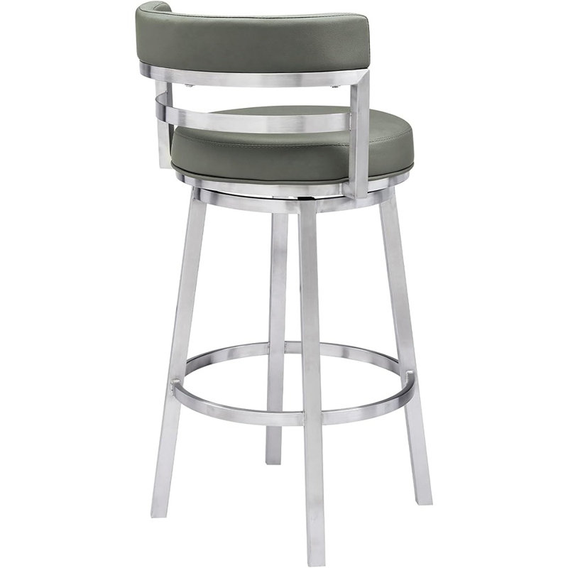 Tabouret de bar pivotant moderne avec siège en similicuir gris et base en acier inoxydable brossé