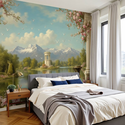 Peel and Stick Wallpaper 96" W x 69" H Modern Self Adhesive Wall Mural for Bedroom Serene Landscape Lake Mountain View Blossoming Roses