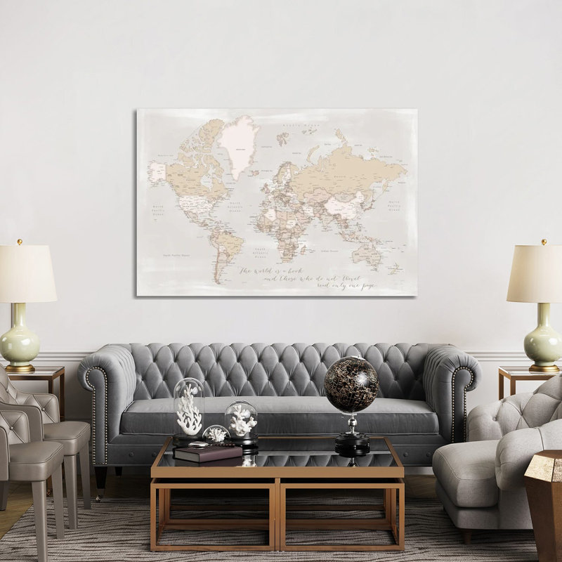 Rustic Detailed World Map The World Is A Book by Blursbyai - Wrapped Canvas Gallery-Wrapped Canvas Giclée