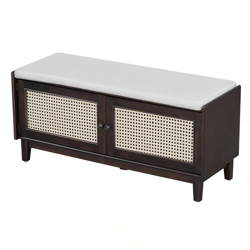 Boho Rattan Entryway Bench With Storage, Cushioned Shoe Bench With Double Doors, Wooden Shoe Organizer Bench For Entryway And Hallway (Espresso+Beige ), Shoe Storage
