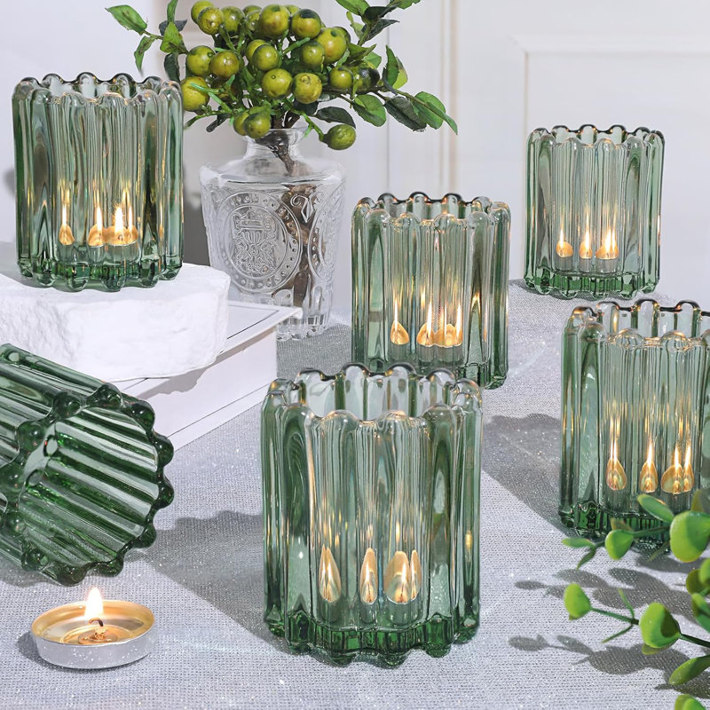 Set of 6 Vertical Pattern Glass Tea Light & Votive Candle Holders – 6mm Thick Wall, Heat-Safe, for Wedding, Dinner & Table Centerpiece Decor