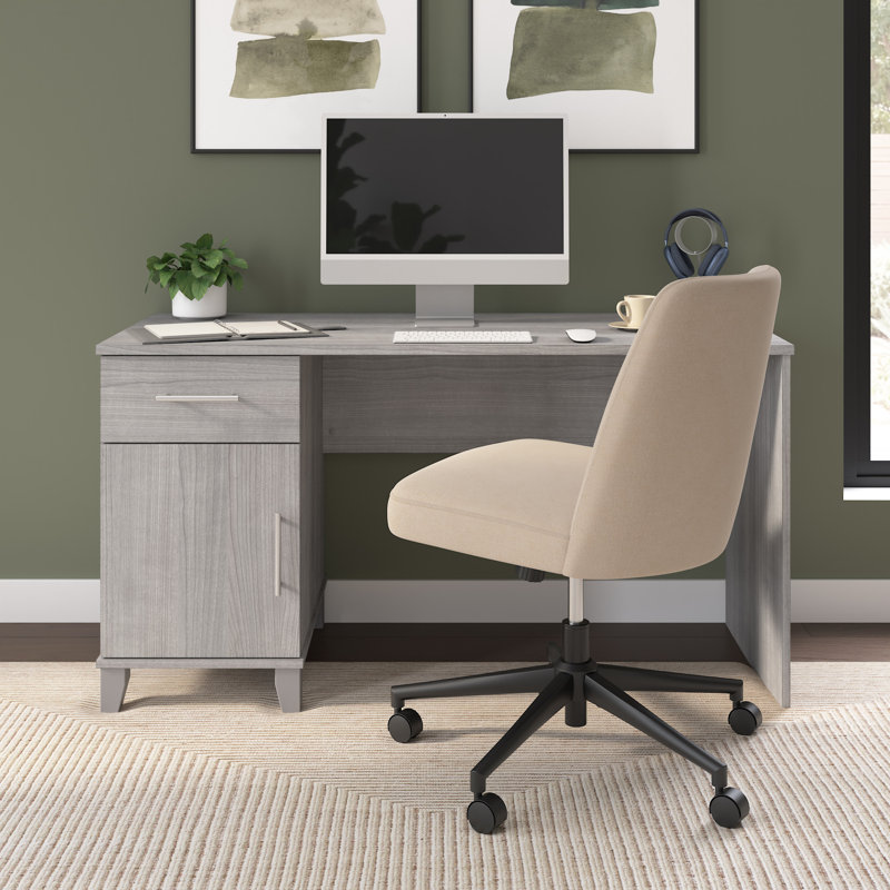 Orkurga 54” Office Desk with Drawer, Cabinet, Computer Office Desk with Storage, Modern Wood, Platinum Gray, Platinum Gray