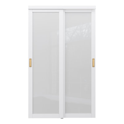 80" H Tempered Frosted Glass Sliding Closet Door White MDF Pantry Door With Hardware Golden Handle