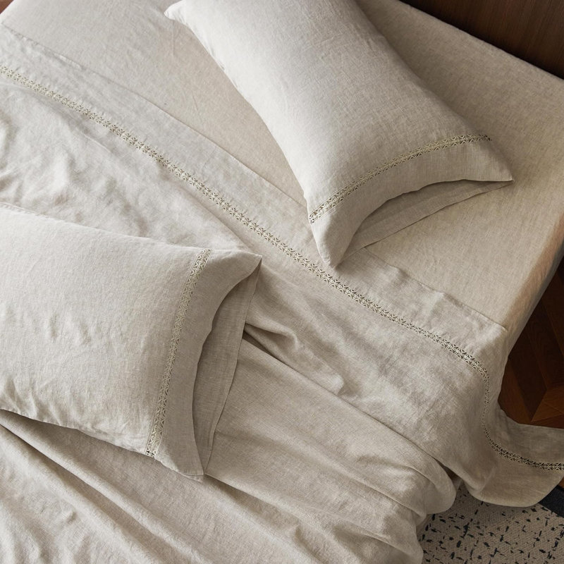 Ensemble de draps 100% lin lavé - Draps en lin naturel français, Lin lin, Très grand 1 drap plat + 1 drap-housse + 2 taies 