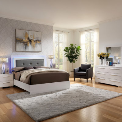 Ensemble de chambre pour grand lit 5 pièces Gely, 2 tables de chevet, capitonné, DEL, blanc brillant
