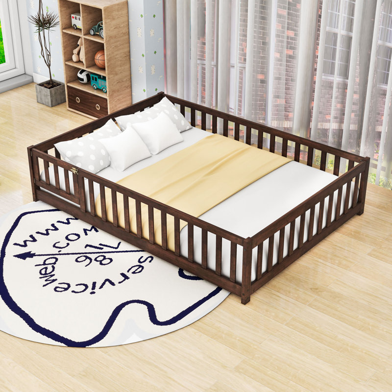 Lit plateforme en bois avec porte de clôture et garde-corps, Double, Espresso