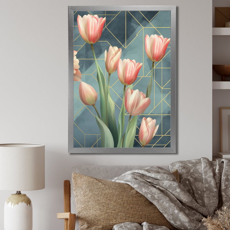 Tulipe géométrique - impressions murales florales, H 40 po x l 30 po x P 1,5 po, Cadre photo argenté
