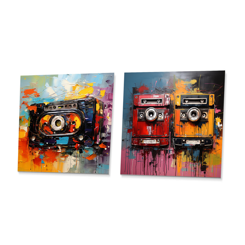 Caméra colorée colorée Insta Gram I - cassettes, impressions murales en métal, ensemble carré de 2, H 16 po x l 32 po