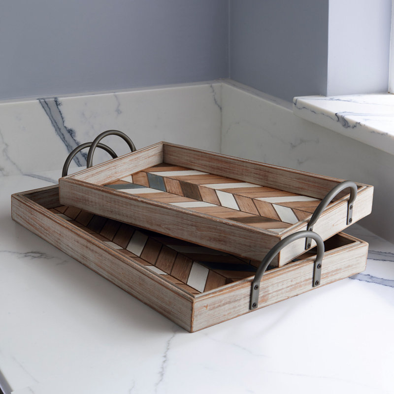 Nordic Rectangular Wood Parquet Trays with Metal Handles, Set of 2