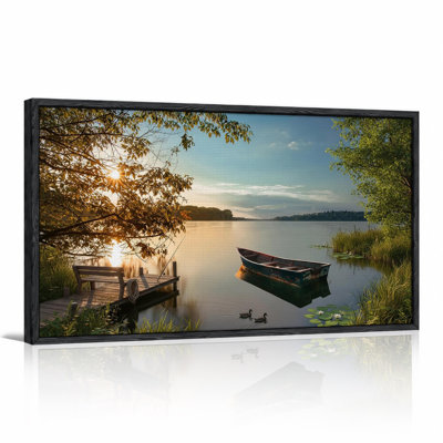 Sunlit Lake with Blue Rowboat at Wooden Dock Canvas Wall Art