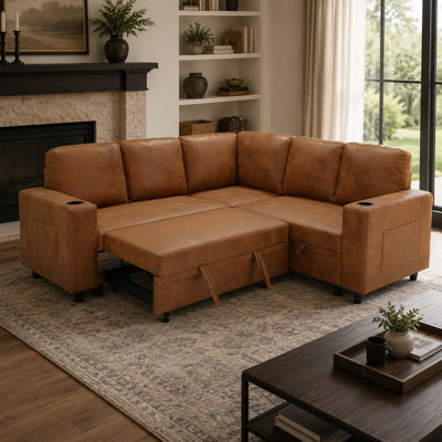 Foil Fabric L-Shaped Sectional Sofa Bed with Pull Out Sleeper, Storage Chaise, Cup Holders and Side Pockets, Convertible Corner Couch for Living Room