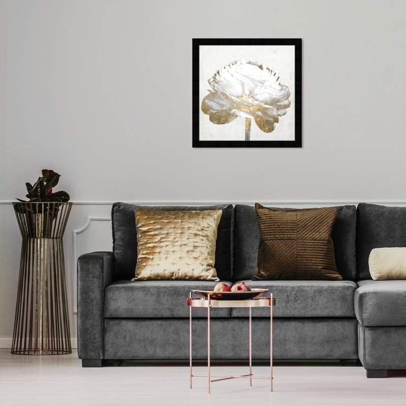 «Gold and Light Floral II» blanc - peinture encadrée sur papier, H 18 po x l 18 po, Noir