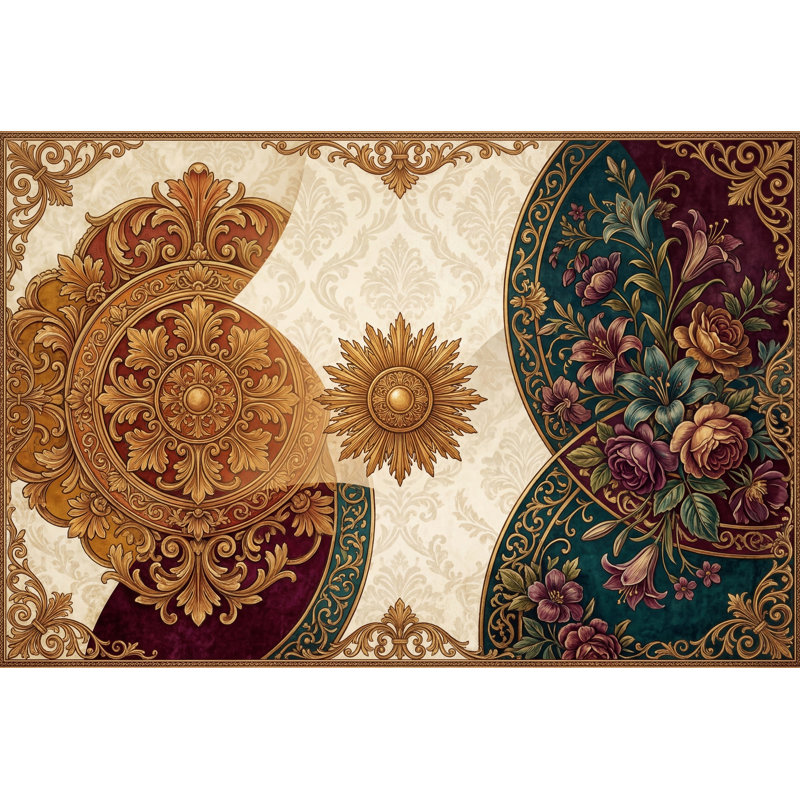 Papier peint baroque doré et décoration murale rétro européenne, 160 po x 108 po, Peler et coller