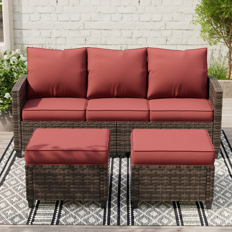 3-Person Patio Sofa With 2 Ottomans, Red, Brown