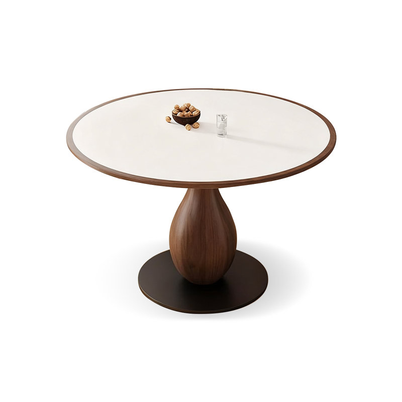 White&Walnut Round Sintered Stone Dining Table, 29.53" H x 39.37" L x 39.37" W