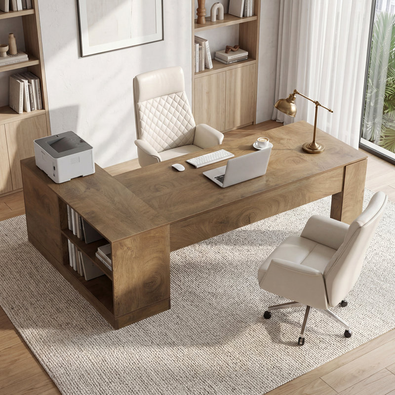Bureau de direction en L 78,74 po avec 2 tiroirs, grand bureau d'ordinateur avec rangement et tablettes pour le bureau