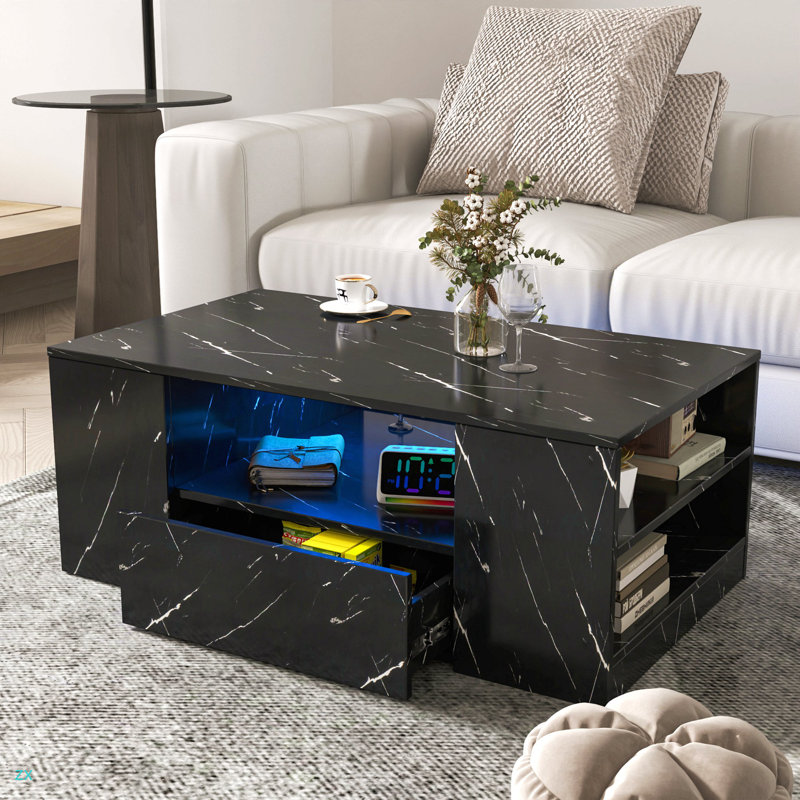 Table basse haute DEL 14,57 po, tables basses modernes pour le salon, table basse de rangement, petite table basse, table centrale avec 2 tiroirs et tablette latérale ouverte