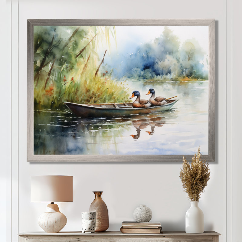 Ducks In A Little Boat On The Lake - Duck, reproduction d'art encadrée, H 24 po x l 32 po x P 1 po, Cadre flottant noir