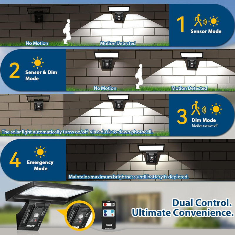  Éclairage solaire de sécurité, 104 lumières DEL à détecteur de mouvement pour l'extérieur, télécommande, imperméable à l'eau IP65, températures 6000k, 4 modes d'éclairage extérieur à énergie solaire pour la cour, le garage, le jardin (paquet de 2 000k)