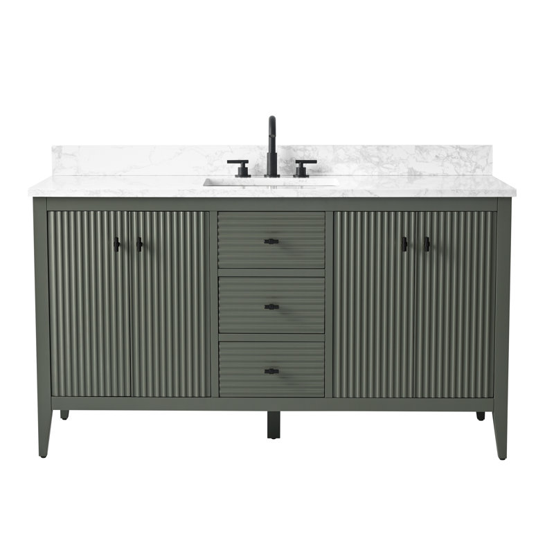 Meuble-lavabo simple 60 po avec plateau en marbre d'ingénierie 60 po, Linéaire vert rétro, Noir mat