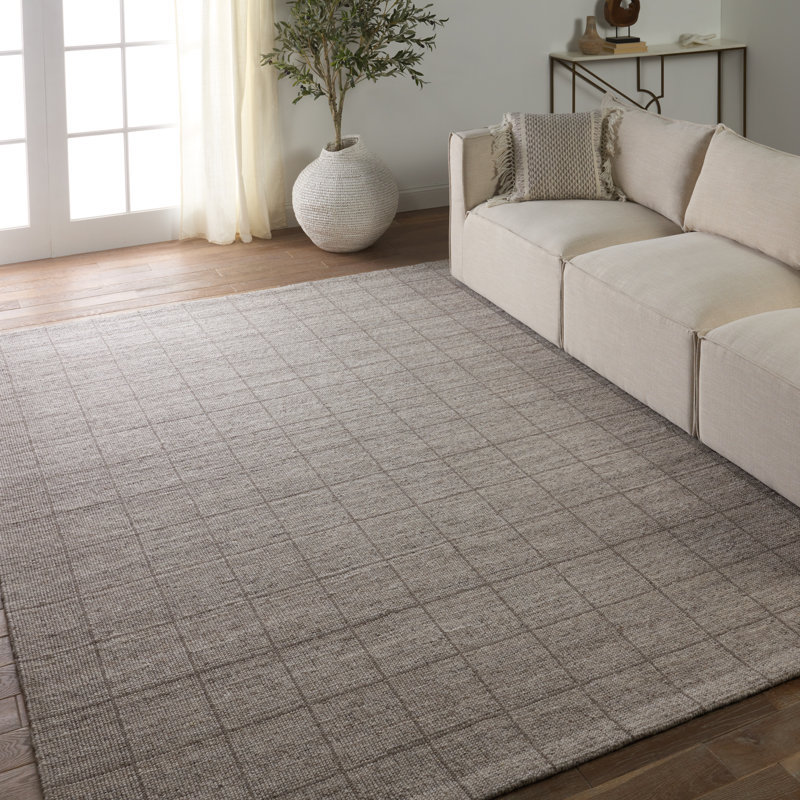 Taupe Striped Hand Woven Wool and Polyester Area Rug, Rectangle 9' x 12'