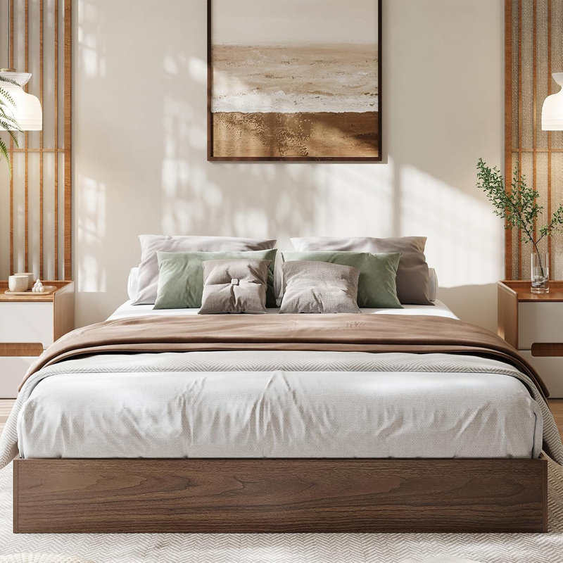 Wood Platform Bed Frame, Sleek Modern Minimalist Floor-Standing Bed Frame with Durable Wooden Slats, Noise-Free, Walnut