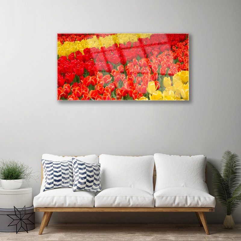 Glass Print Wall Art 100X50cm Image Printed On Glass Decorative Wall Picture Behind Toughened / Tempered Safety Real Glass For Kitchen & Living Room Theme: Tulips Floral