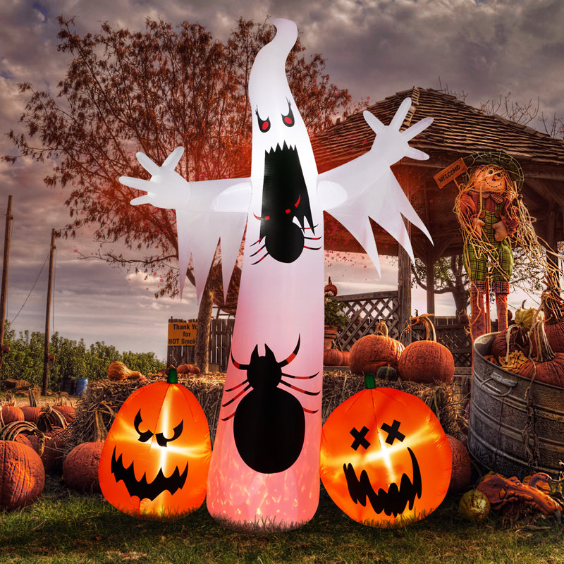 Fantôme gonflable géant de 3,6 m avec araignée et citrouille, décoration lumineuse extérieure avec ventilateur intégré, piquets et cordes pour jardin, pelouse et fête d'Halloween